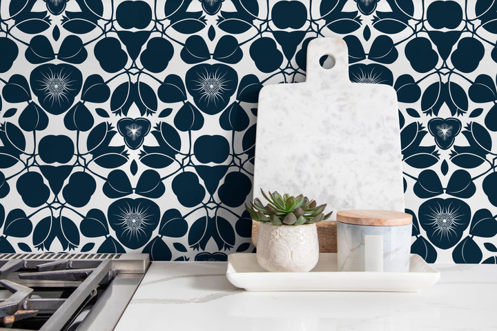 Floral Wallpaper Featuring a Graphic Damask Motif in Navy Blue and White - X044
