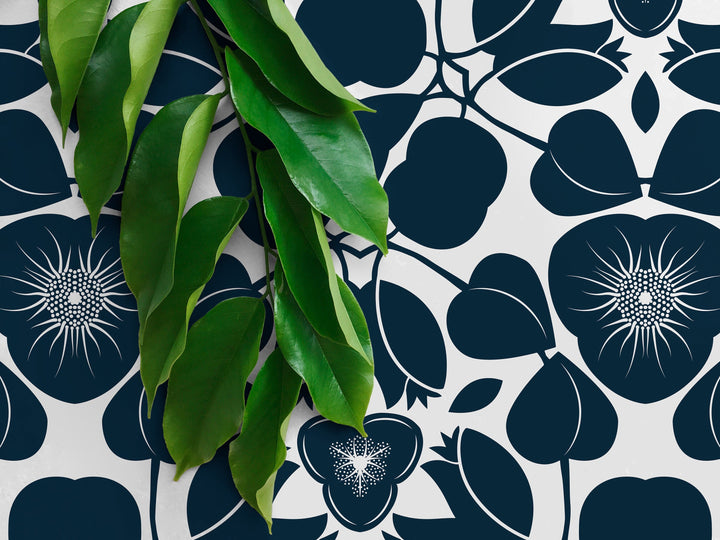 Floral Wallpaper Featuring a Graphic Damask Motif in Navy Blue and White - X044