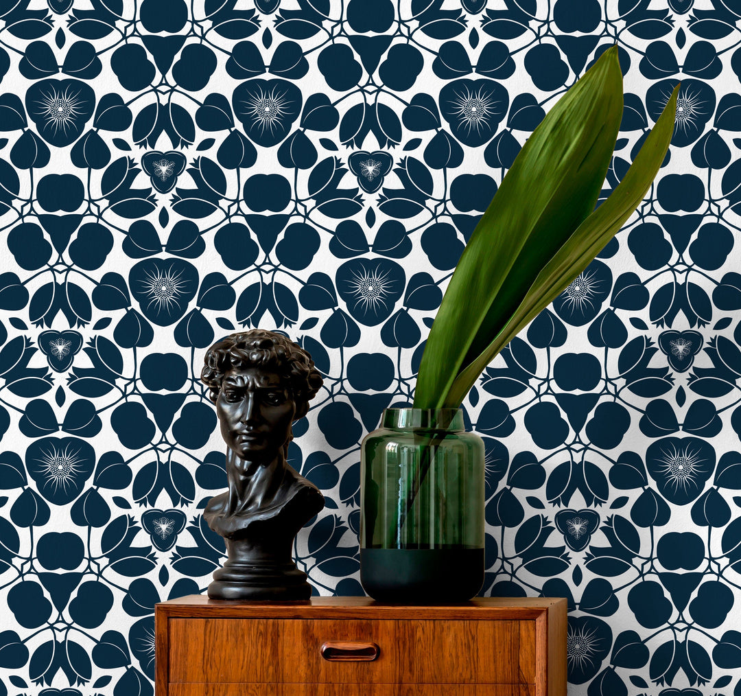 Floral Wallpaper Featuring a Graphic Damask Motif in Navy Blue and White - X044