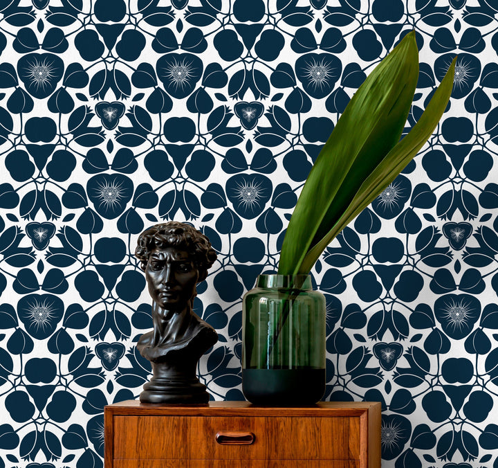 Floral Wallpaper Featuring a Graphic Damask Motif in Navy Blue and White - X044