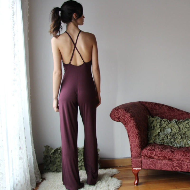 bamboo lingerie jumpsuit with plunging lace neckline