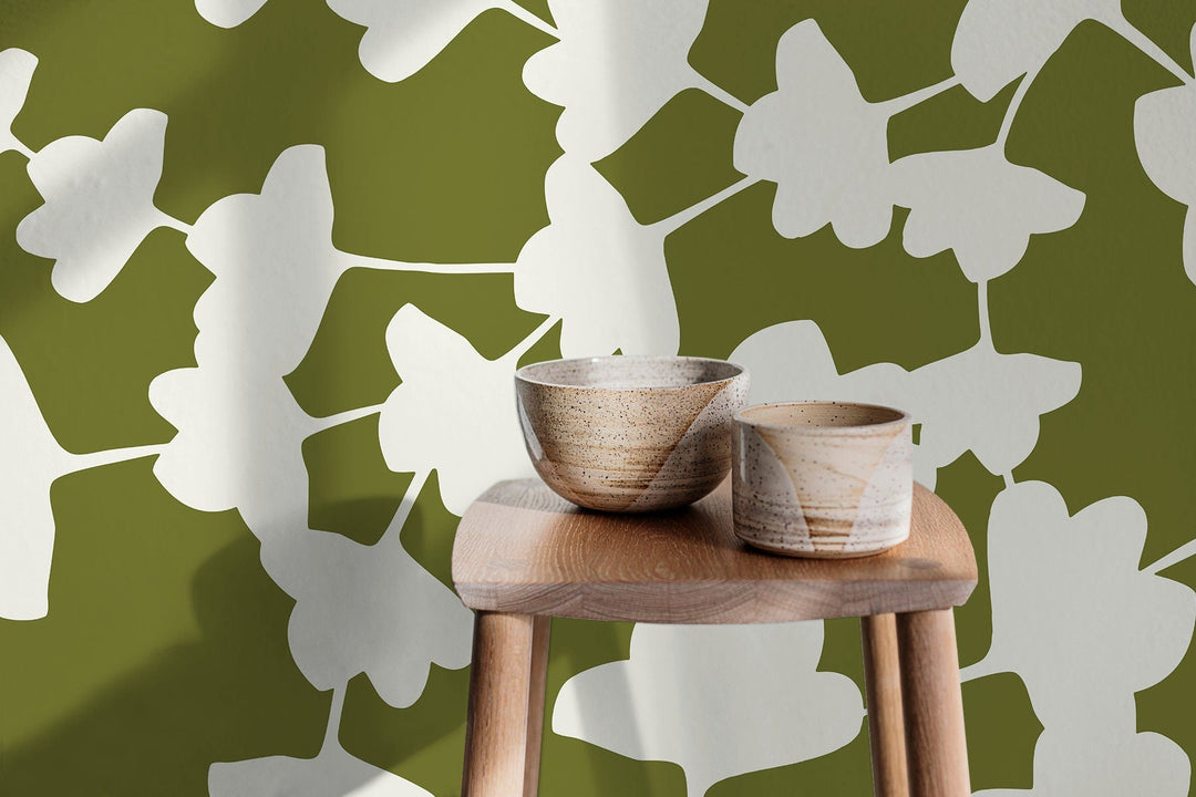 Botanical Wallpaper with Abstract Leaf Silhouettes in Olive Green and White - X015
