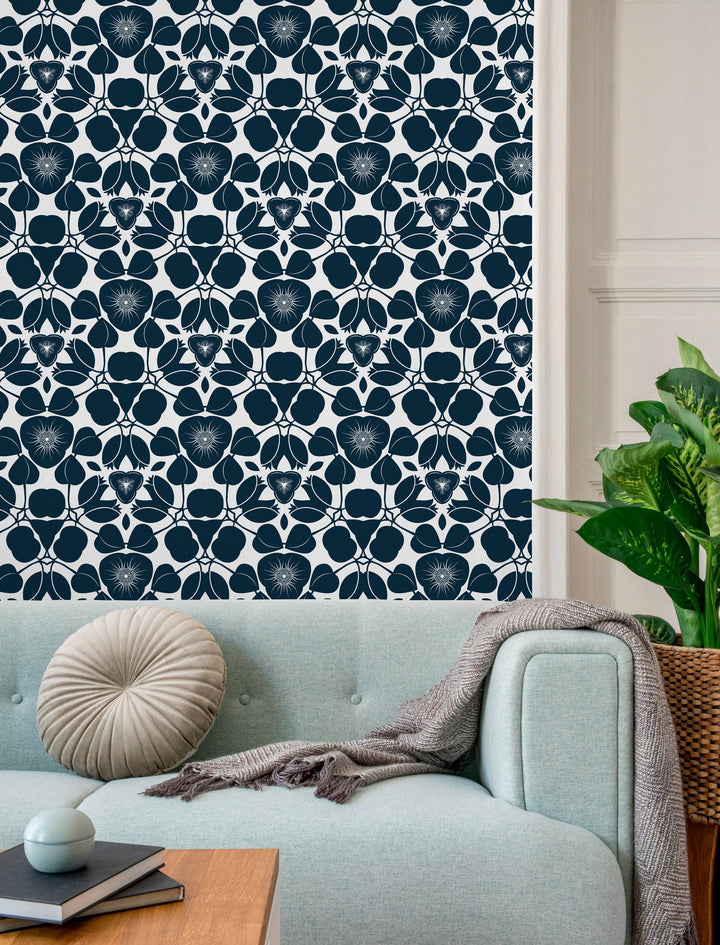 Floral Wallpaper Featuring a Graphic Damask Motif in Navy Blue and White - X044