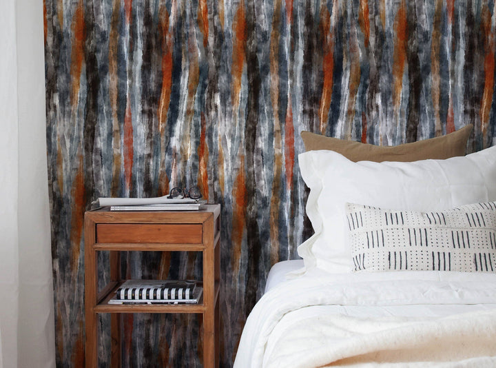 Abstract Wallpaper with Vertical Watercolor Stripes in Gray, Rust, and Brown - X105