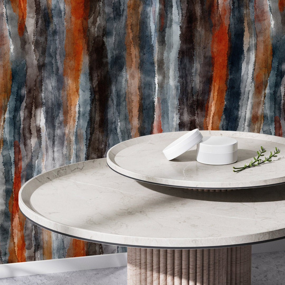 Abstract Wallpaper with Vertical Watercolor Stripes in Gray, Rust, and Brown - X105
