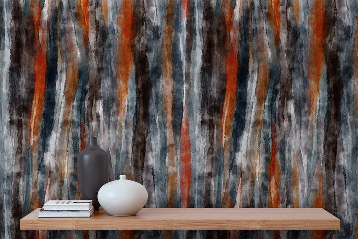 Abstract Wallpaper with Vertical Watercolor Stripes in Gray, Rust, and Brown - X105