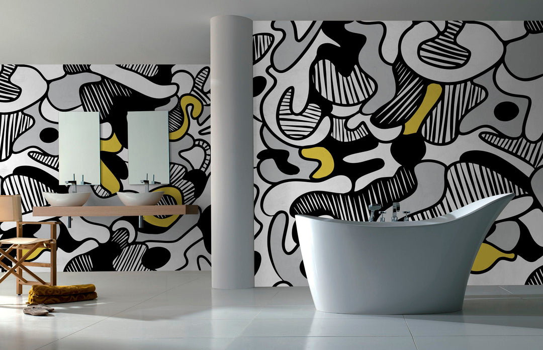 Abstract Wallpaper with Bold Flowing Forms in Black, Yellow, and Grey - X135