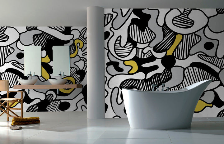 Abstract Wallpaper with Bold Flowing Forms in Black, Yellow, and Grey - X135