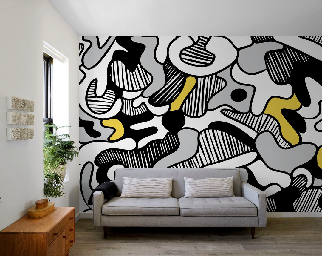 Abstract Wallpaper with Bold Flowing Forms in Black, Yellow, and Grey - X135