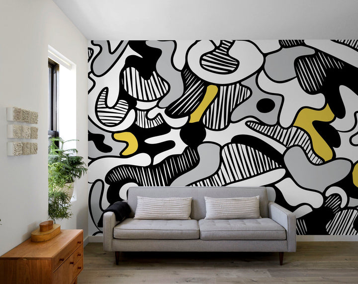 Abstract Wallpaper with Bold Flowing Forms in Black, Yellow, and Grey - X135