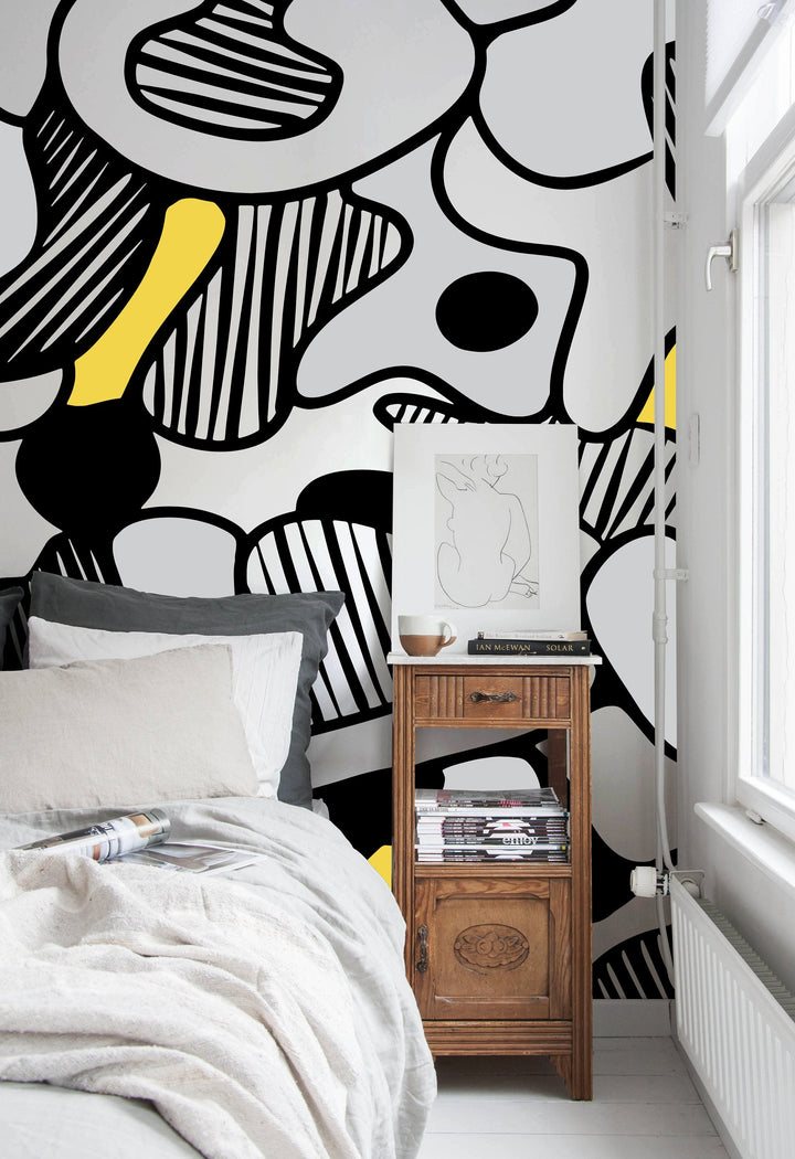 Abstract Wallpaper with Bold Flowing Forms in Black, Yellow, and Grey - X135