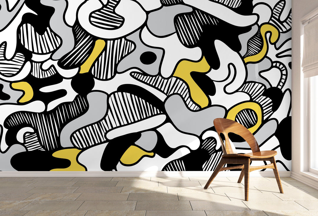 Abstract Wallpaper with Bold Flowing Forms in Black, Yellow, and Grey - X135