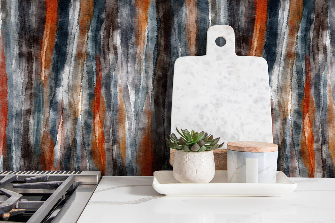 Abstract Wallpaper with Vertical Watercolor Stripes in Gray, Rust, and Brown - X105