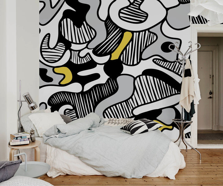 Abstract Wallpaper with Bold Flowing Forms in Black, Yellow, and Grey - X135