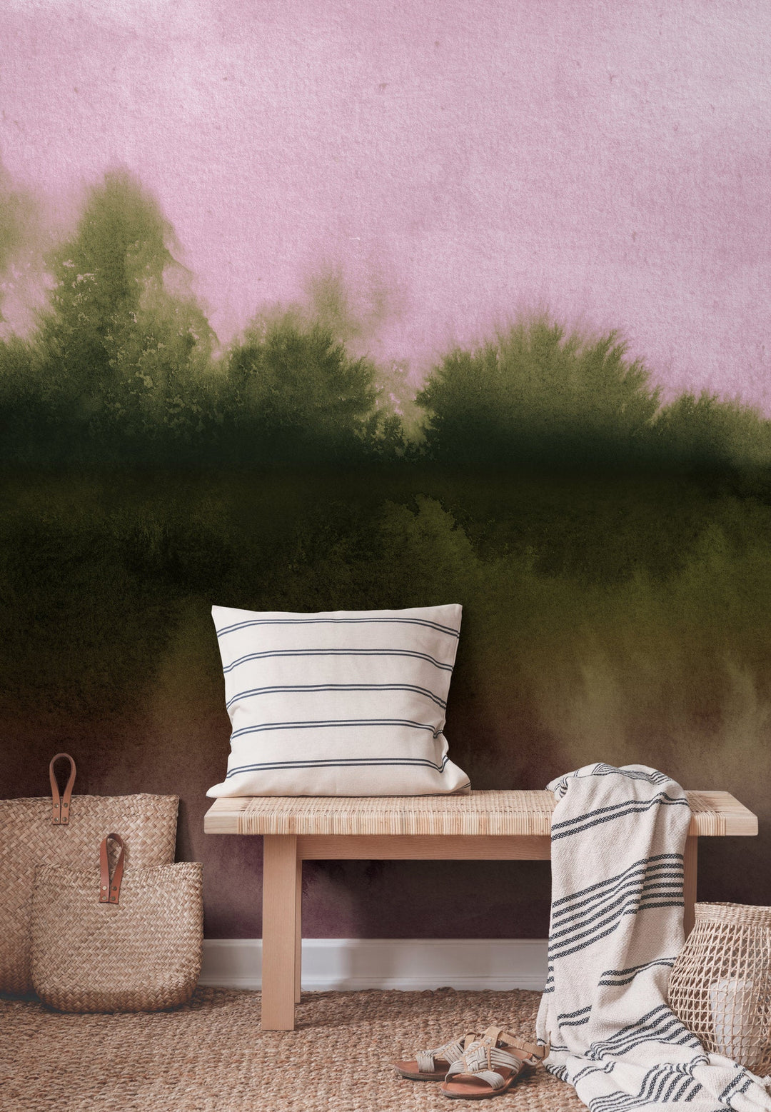 Abstract Wallpaper with a Misty Forest Scene in Pink and Olive Green - X155