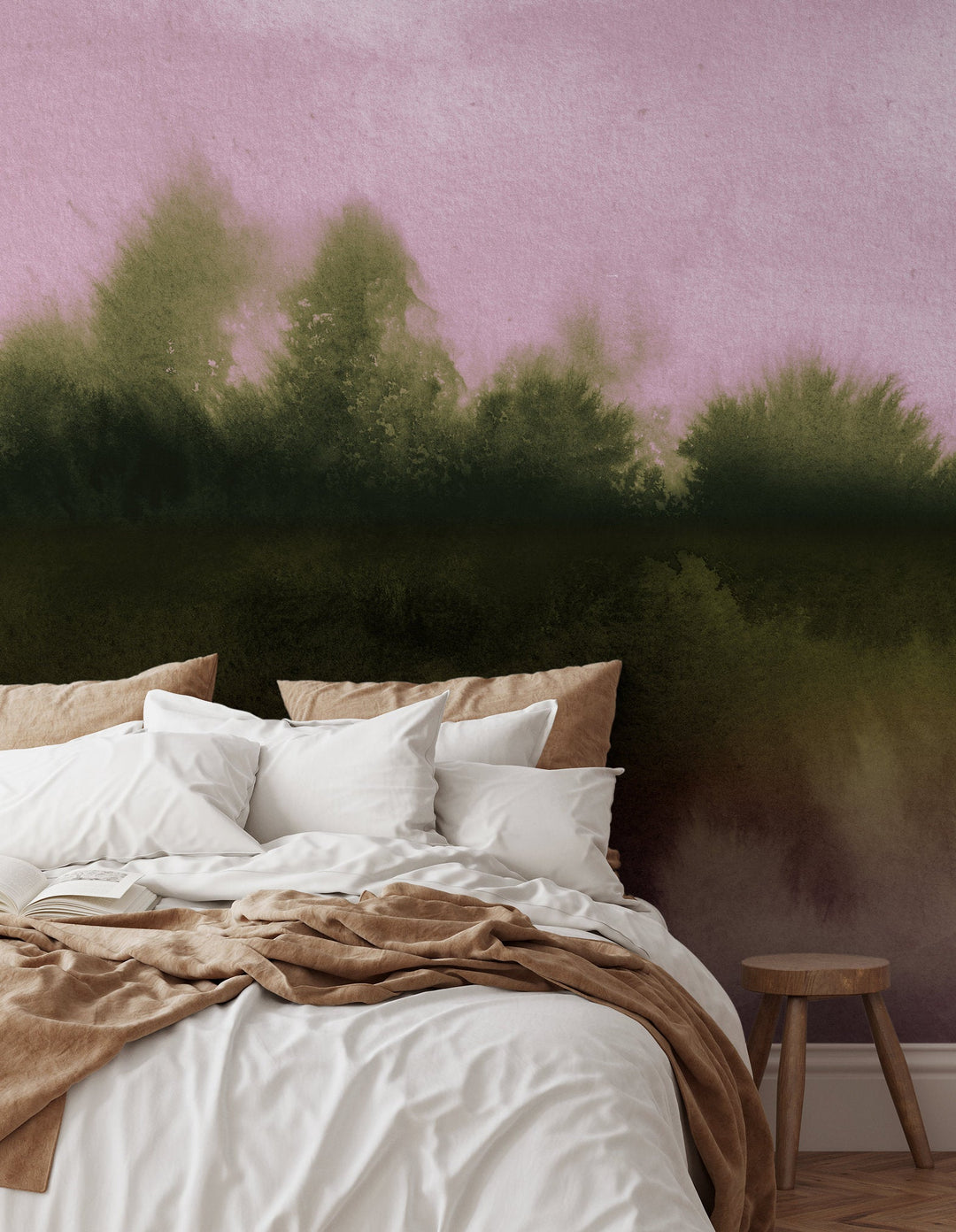 Abstract Wallpaper with a Misty Forest Scene in Pink and Olive Green - X155