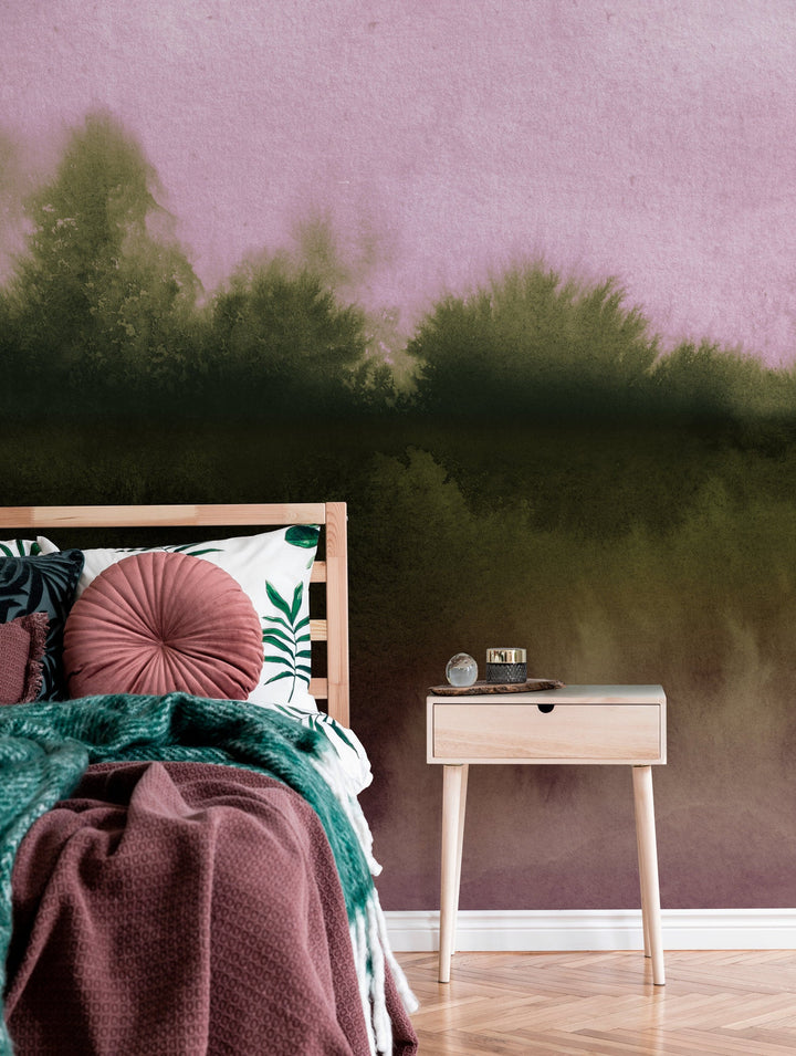 Abstract Wallpaper with a Misty Forest Scene in Pink and Olive Green - X155