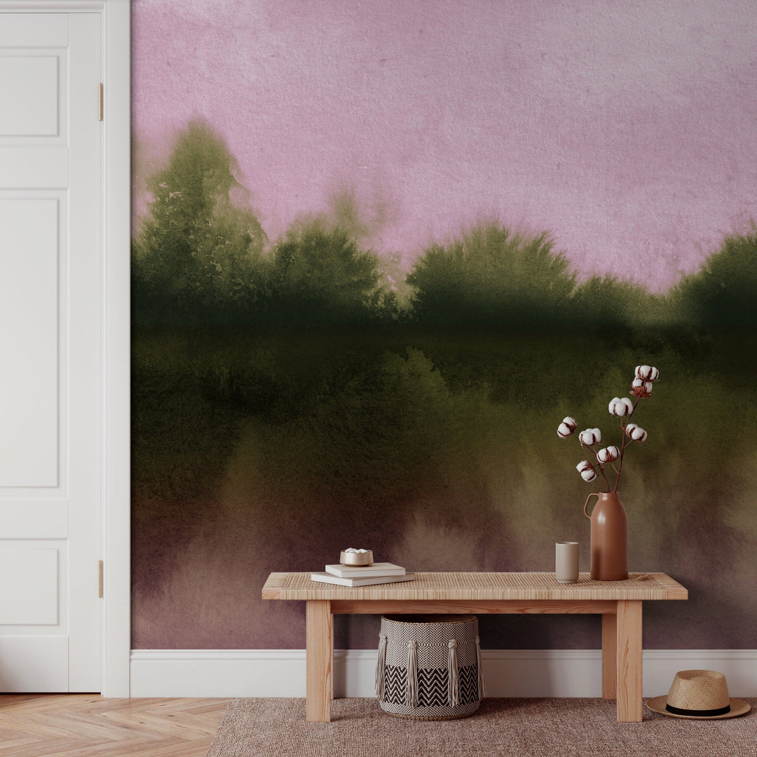 Abstract Wallpaper with a Misty Forest Scene in Pink and Olive Green - X155