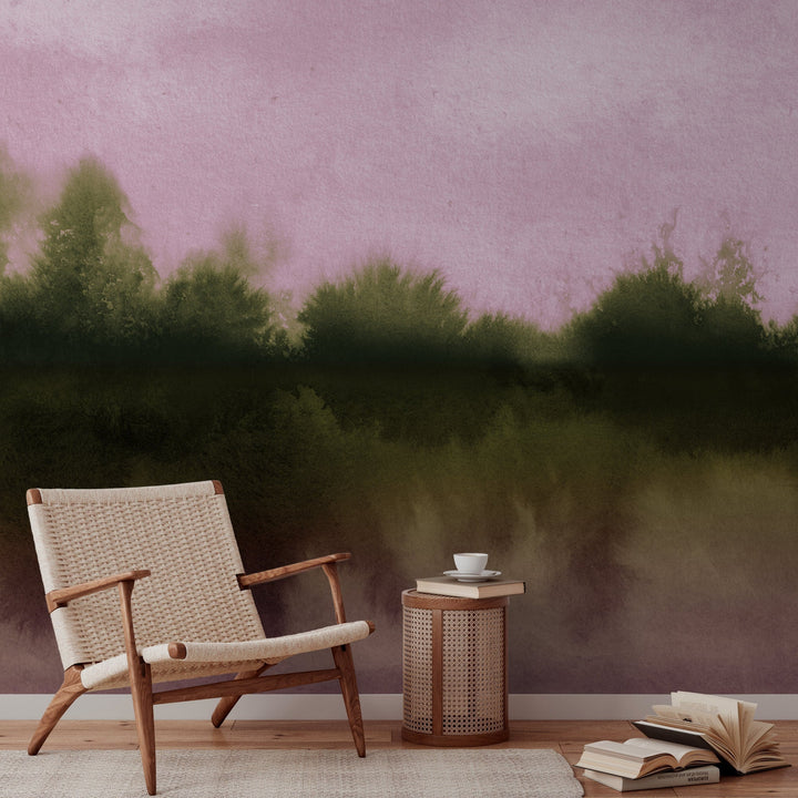 Abstract Wallpaper with a Misty Forest Scene in Pink and Olive Green - X155