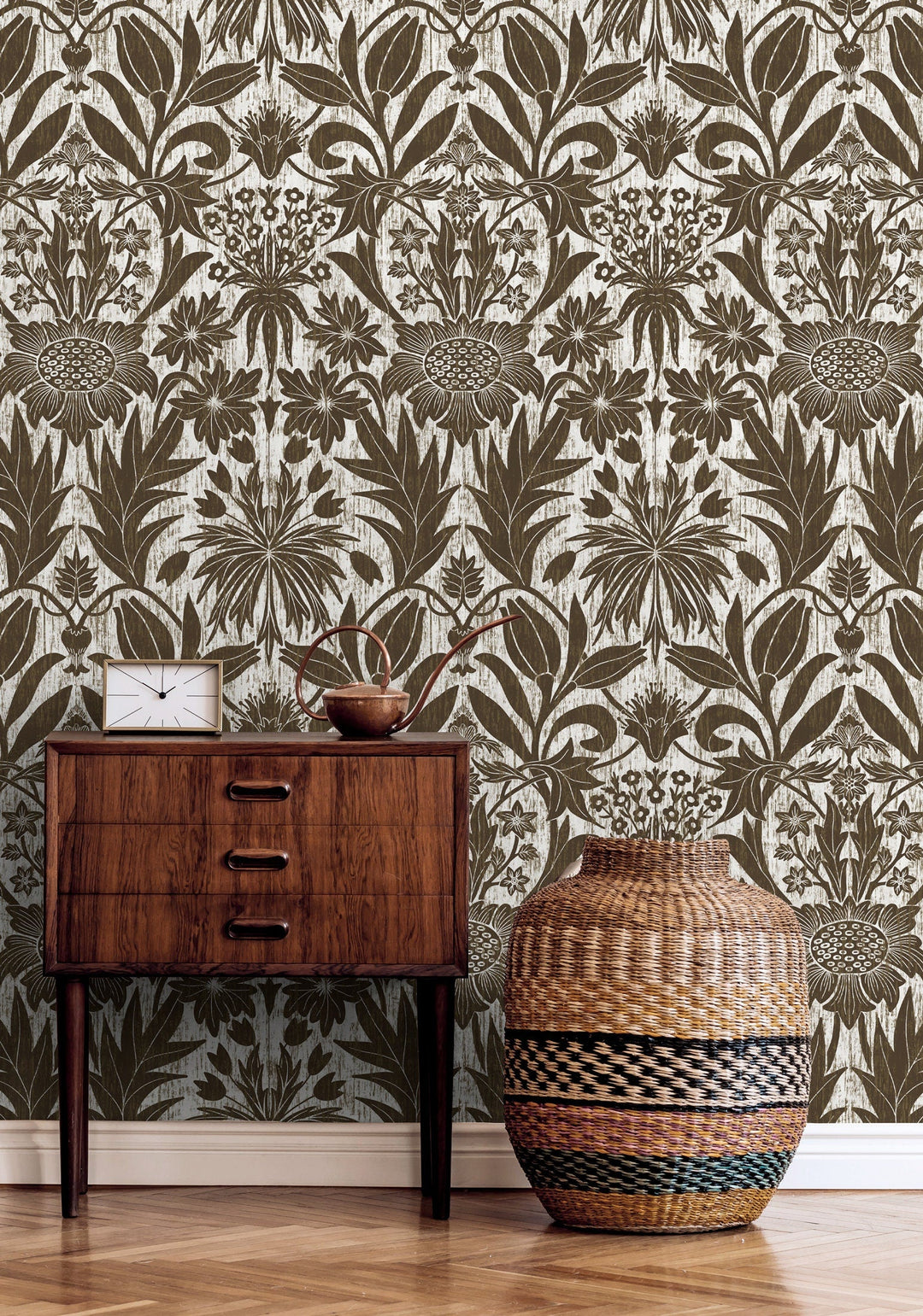 Art Nouveau Wallpaper with Stylized Floral Motifs in Brown and White - X174