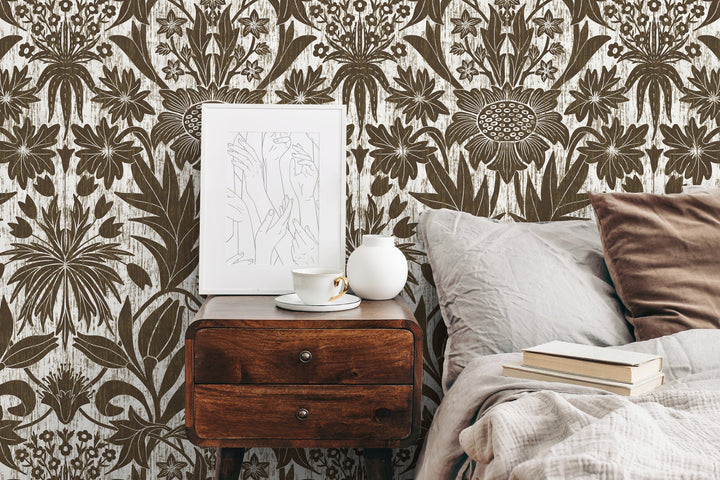 Art Nouveau Wallpaper with Stylized Floral Motifs in Brown and White - X174