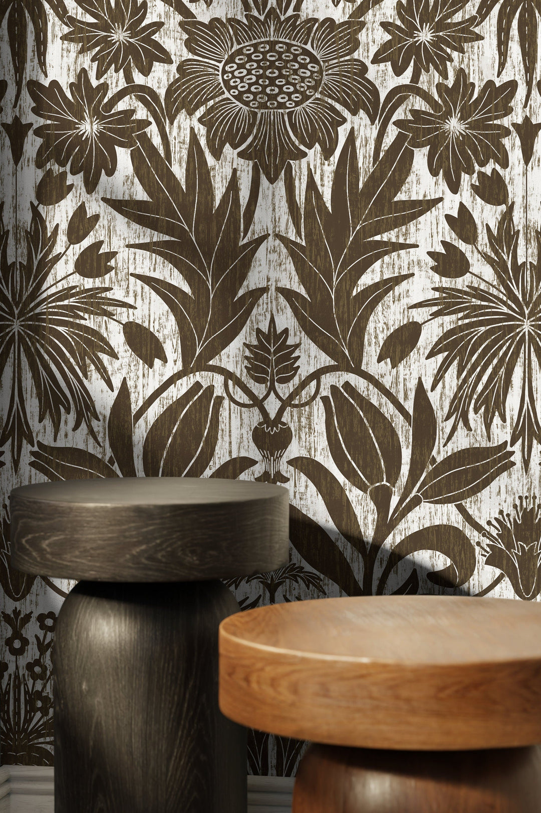 Art Nouveau Wallpaper with Stylized Floral Motifs in Brown and White - X174