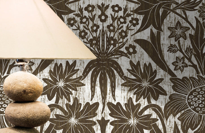 Art Nouveau Wallpaper with Stylized Floral Motifs in Brown and White - X174