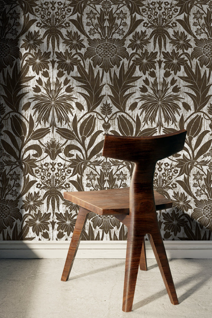 Art Nouveau Wallpaper with Stylized Floral Motifs in Brown and White - X174