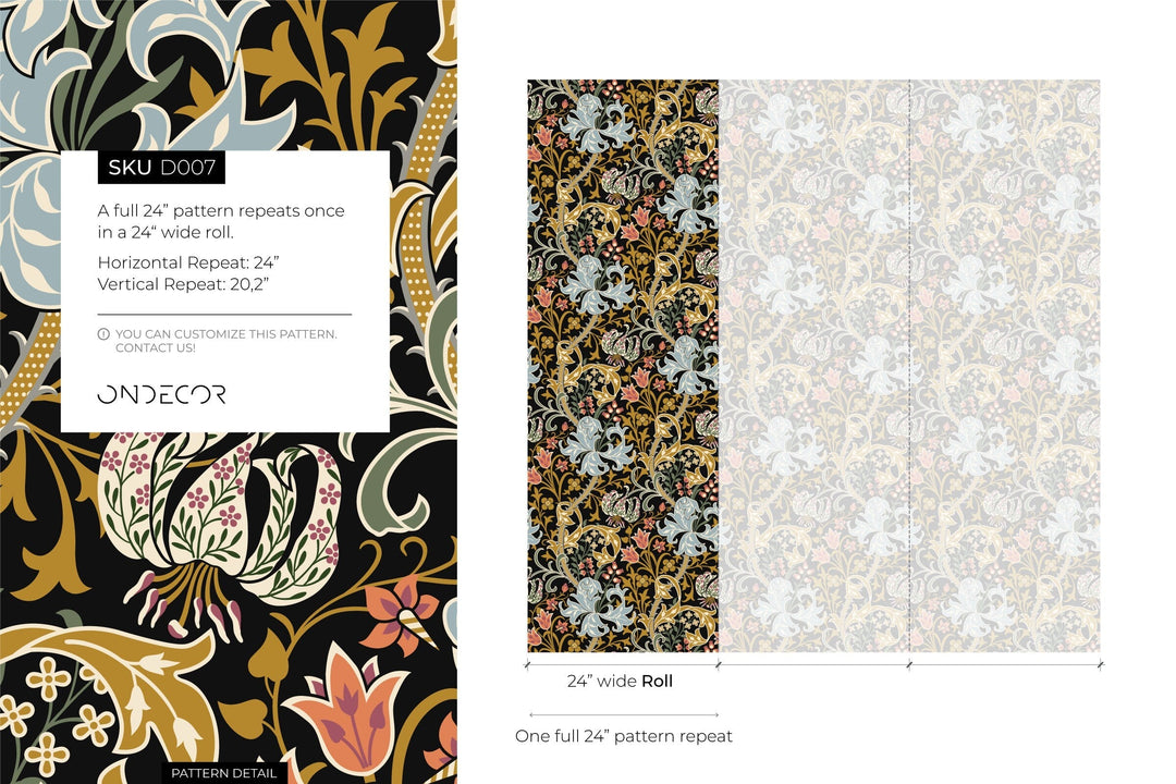 Art Nouveau Wallpaper with a Floral Motif in Black, Blue, and Gold - D007