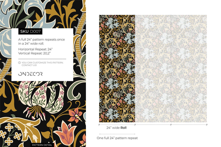Art Nouveau Wallpaper with a Floral Motif in Black, Blue, and Gold - D007