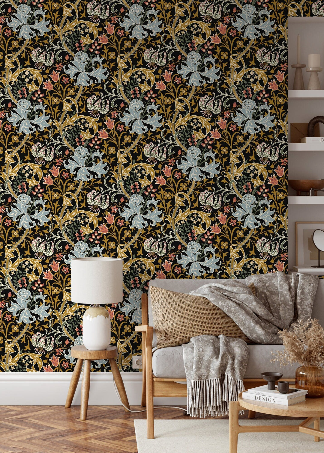 Art Nouveau Wallpaper with a Floral Motif in Black, Blue, and Gold - D007