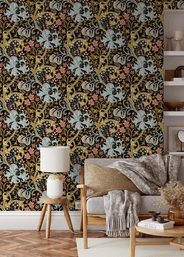 Art Nouveau Wallpaper with a Floral Motif in Black, Blue, and Gold - D007
