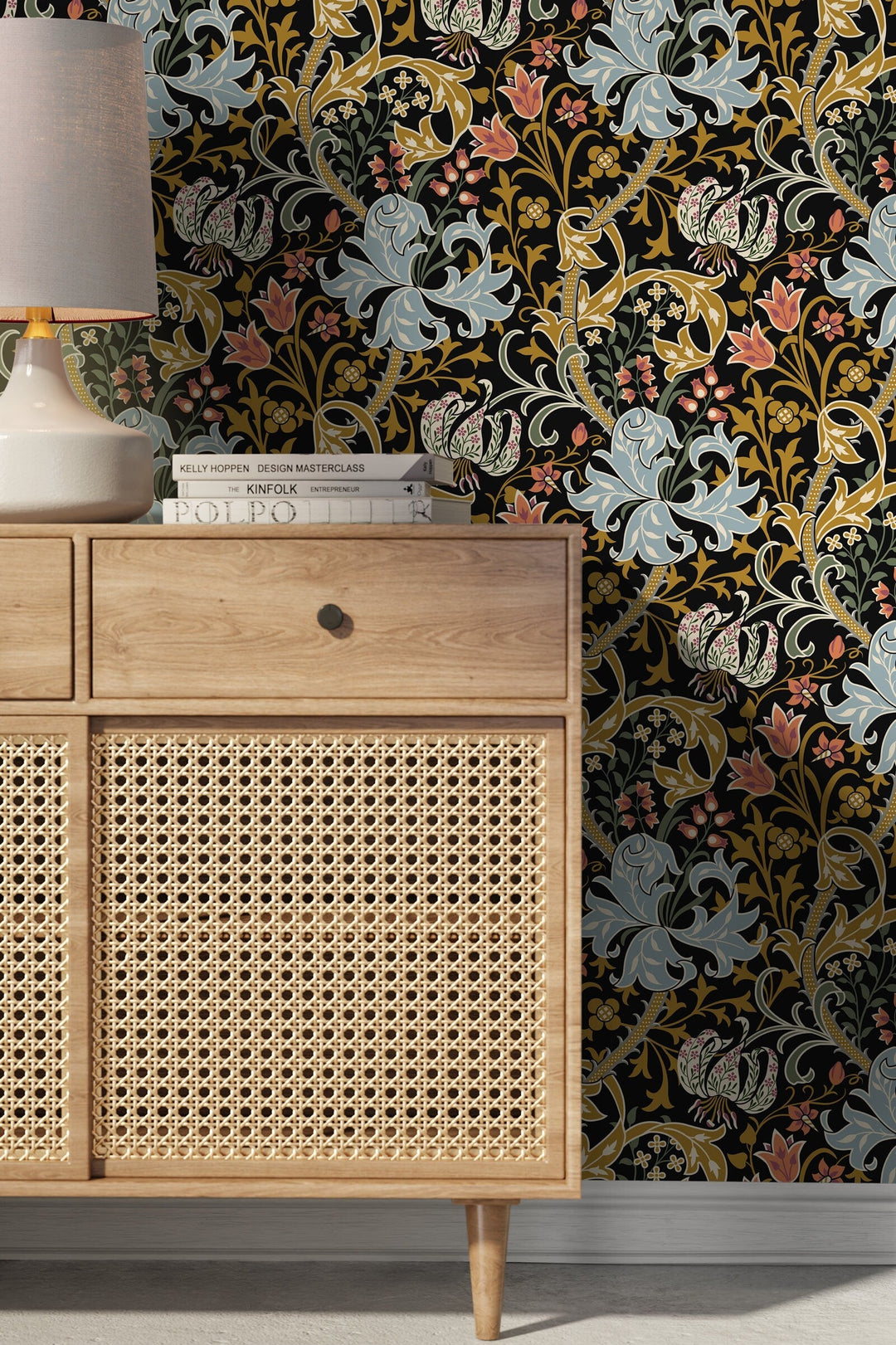 Art Nouveau Wallpaper with a Floral Motif in Black, Blue, and Gold - D007