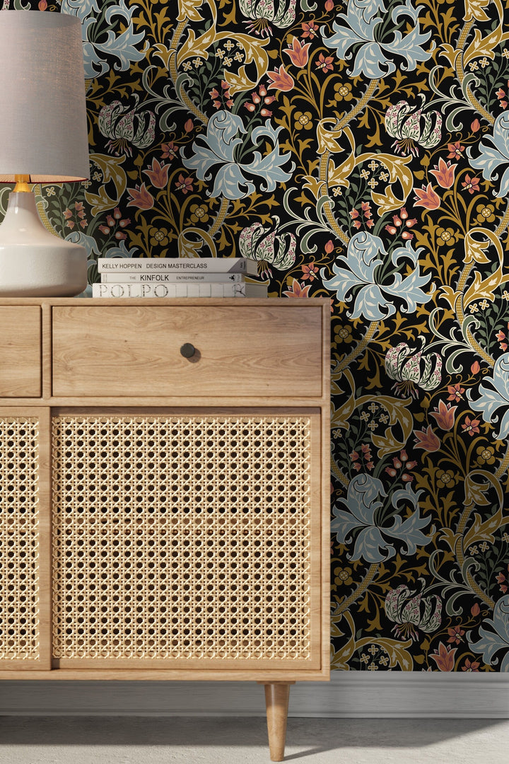 Art Nouveau Wallpaper with a Floral Motif in Black, Blue, and Gold - D007