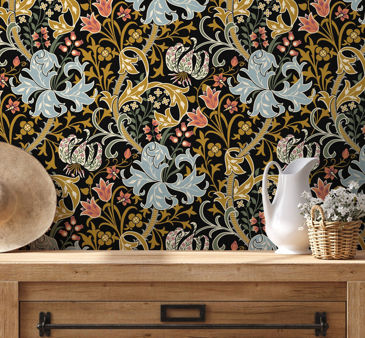 Art Nouveau Wallpaper with a Floral Motif in Black, Blue, and Gold - D007