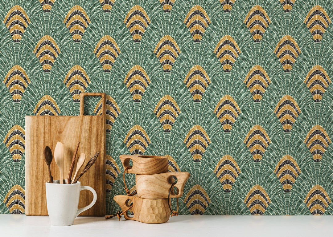 Art Deco Wallpaper with a Geometric Fan Motif in Green, Gold, and Black - D053