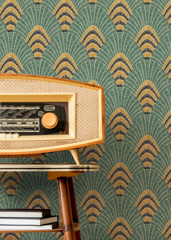 Art Deco Wallpaper with a Geometric Fan Motif in Green, Gold, and Black - D053