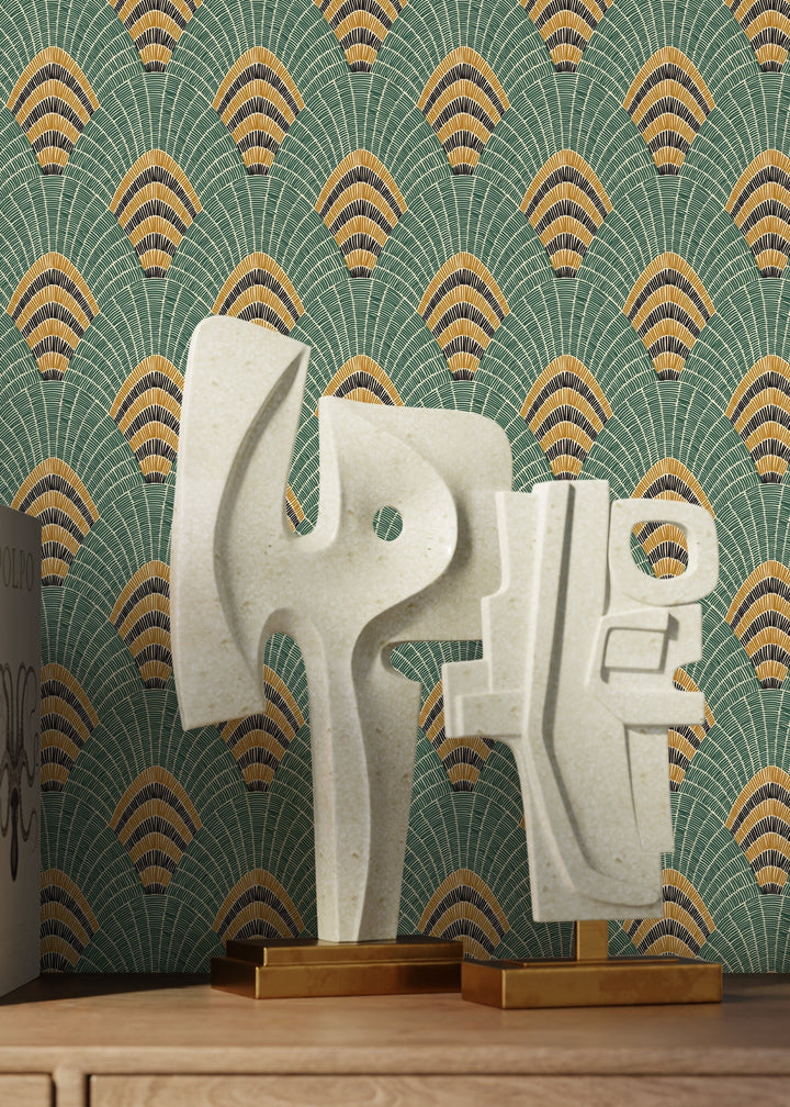 Art Deco Wallpaper with a Geometric Fan Motif in Green, Gold, and Black - D053