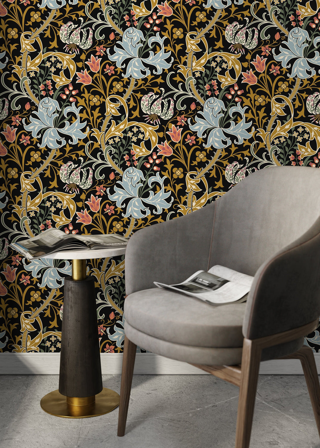 Art Nouveau Wallpaper with a Floral Motif in Black, Blue, and Gold - D007