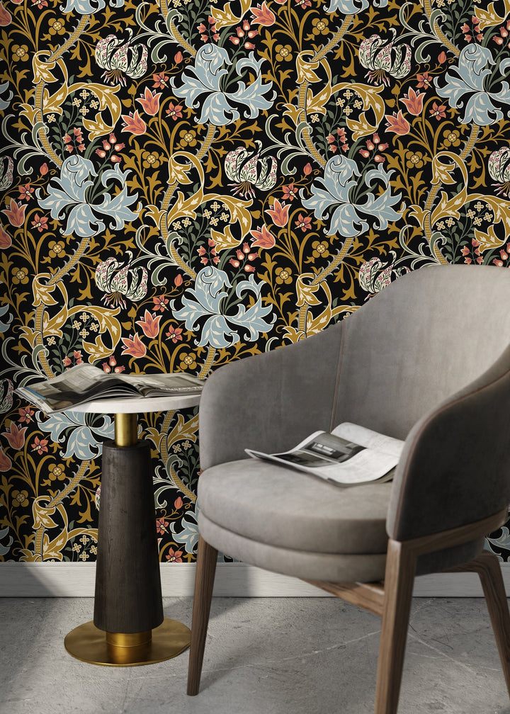 Art Nouveau Wallpaper with a Floral Motif in Black, Blue, and Gold - D007