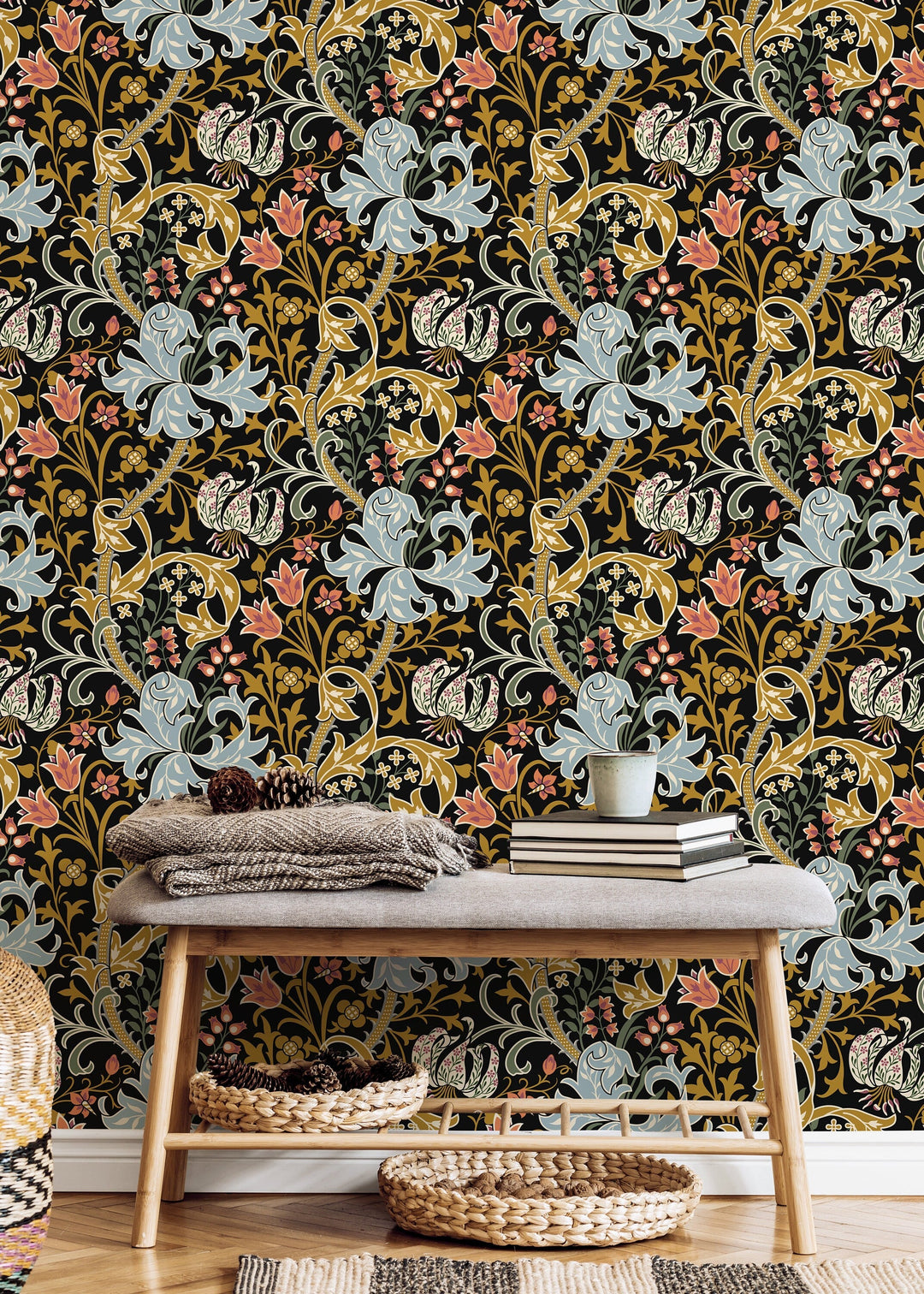 Art Nouveau Wallpaper with a Floral Motif in Black, Blue, and Gold - D007