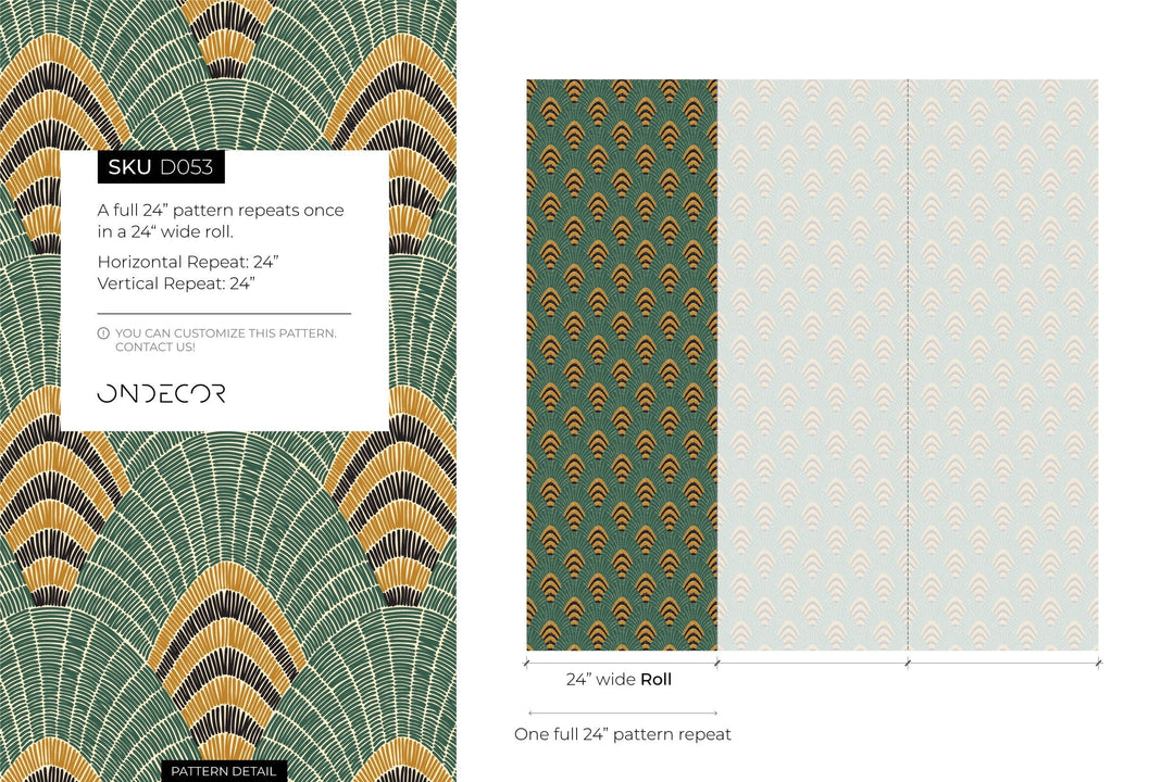 Art Deco Wallpaper with a Geometric Fan Motif in Green, Gold, and Black - D053