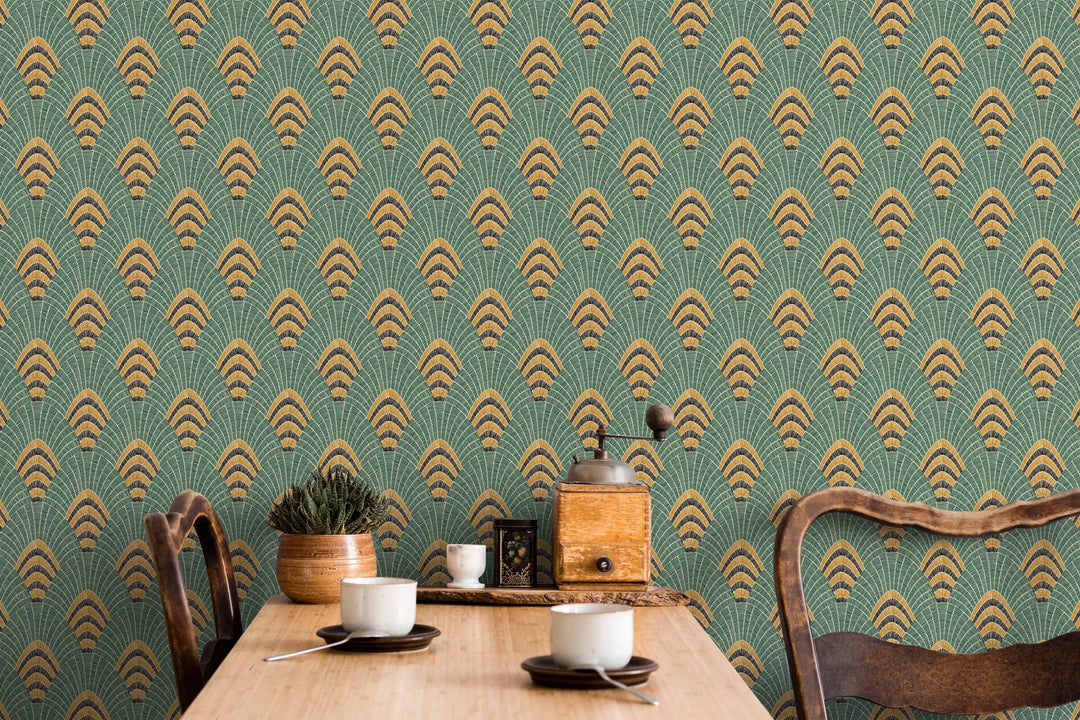 Art Deco Wallpaper with a Geometric Fan Motif in Green, Gold, and Black - D053