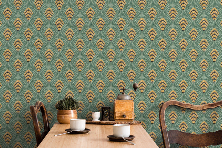 Art Deco Wallpaper with a Geometric Fan Motif in Green, Gold, and Black - D053