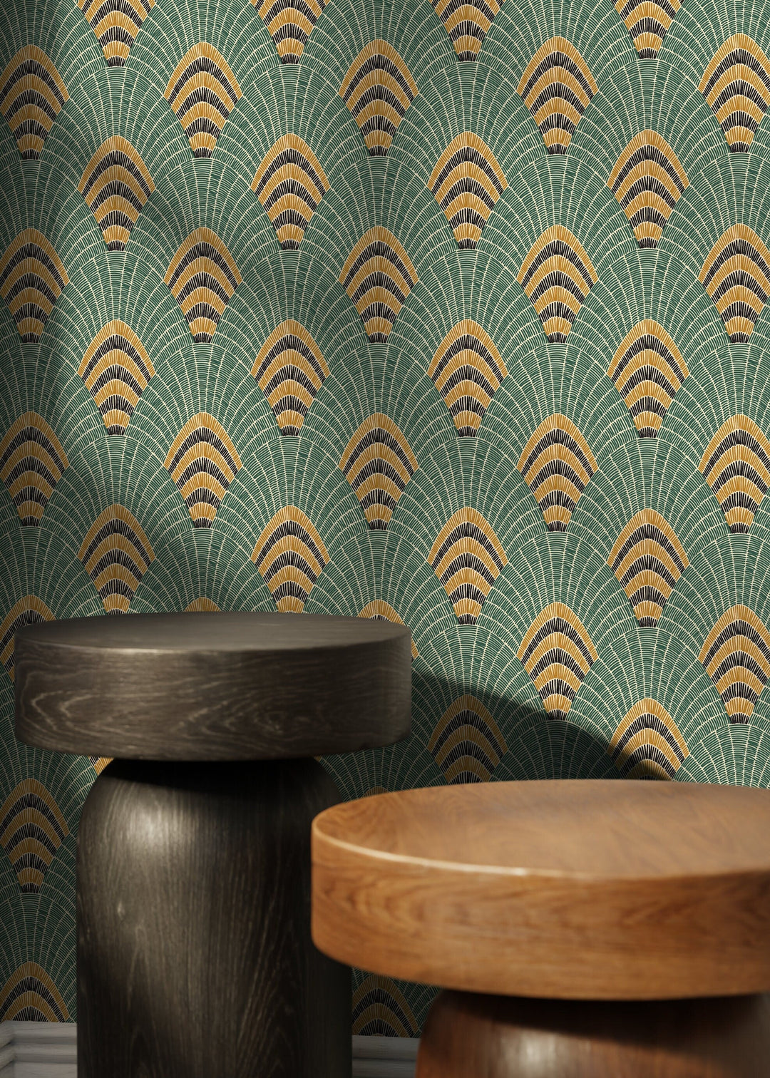 Art Deco Wallpaper with a Geometric Fan Motif in Green, Gold, and Black - D053