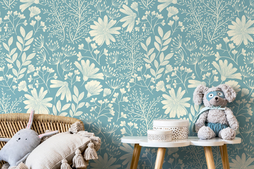 Botanical Wallpaper with Stylized Wildflowers in Light Blue and Cream - D131