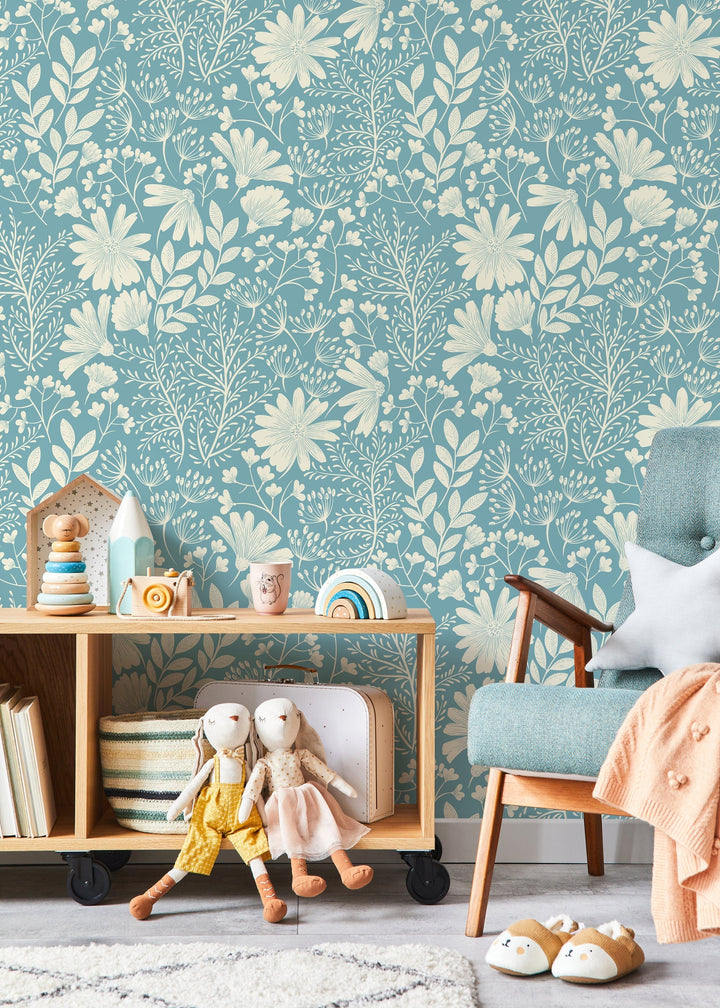 Botanical Wallpaper with Stylized Wildflowers in Light Blue and Cream - D131