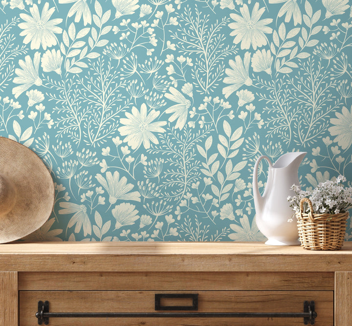 Botanical Wallpaper with Stylized Wildflowers in Light Blue and Cream - D131