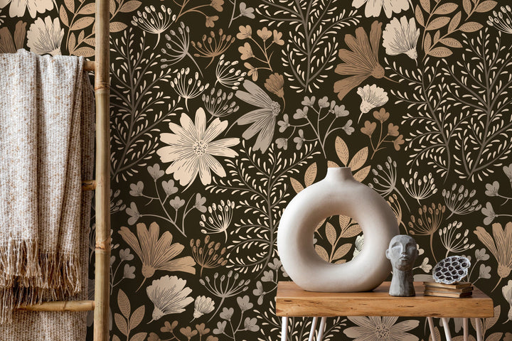 Floral Wallpaper Featuring a Boho Wildflower Meadow in Brown and Beige - D133