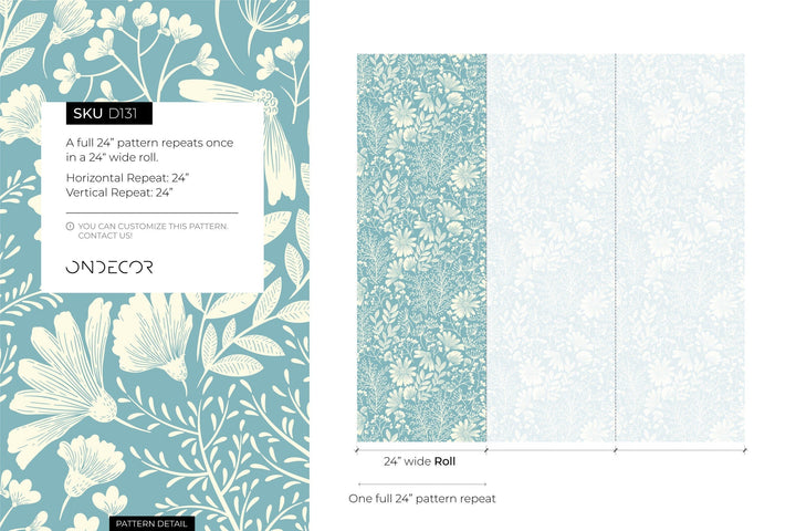 Botanical Wallpaper with Stylized Wildflowers in Light Blue and Cream - D131